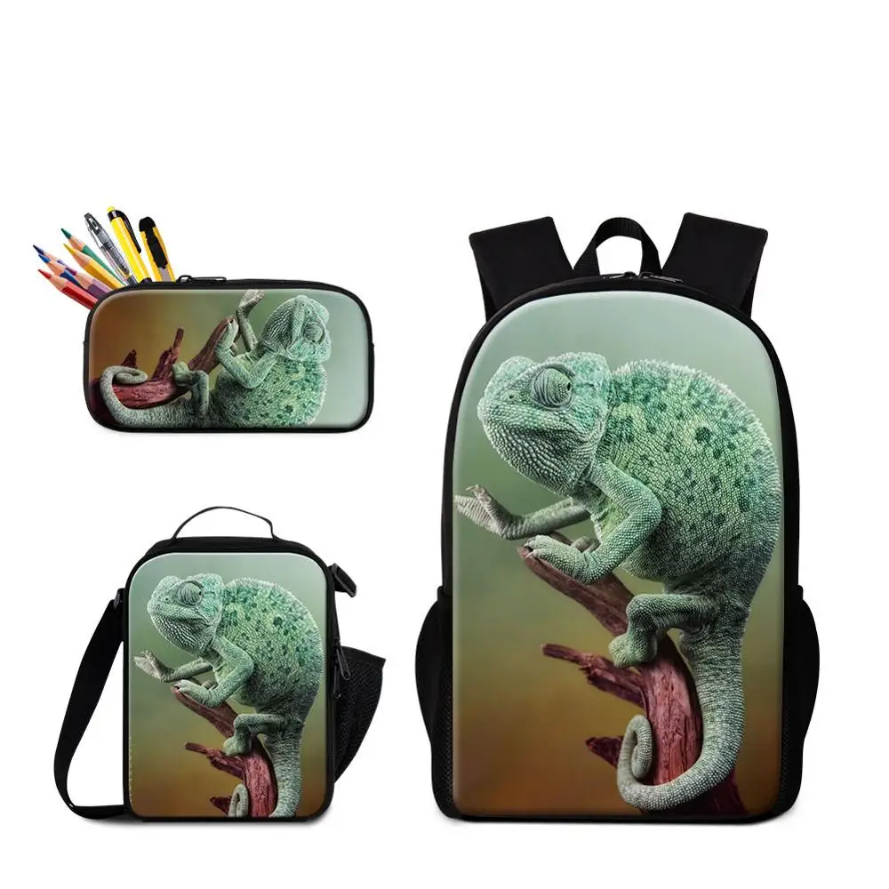 

3 Piece in 1 Set High-definition Prints Cartoon Lizard on Knapsack with Lunch Pouch and Pencil Case Box Bags Student's Schoolbag