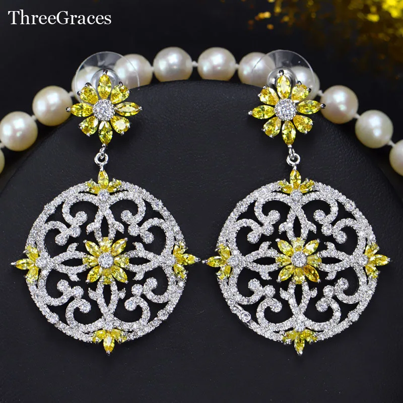 Женские винтажные серьги ThreeGraces круглые с кубическим цирконием цвета: желтый