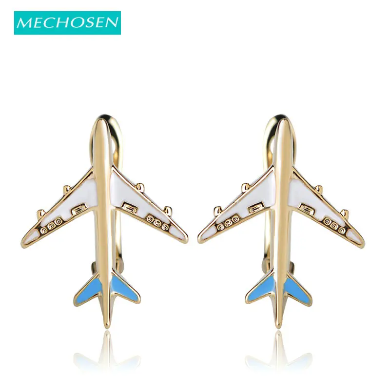 

MECHOSEN Cute Enamel Airplane Stud Earrings For Women Girls Gold-color Copper Brincos English Lock Small Oorbellen Party Schmuck