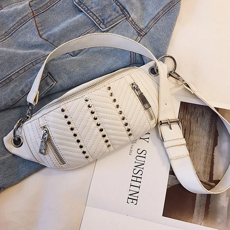 White Waist Bag Женские поясные сумки, новинка, Женская нагрудная сумка, модная, с заклепками, через плечо, сумка на ремне, Женская, черная, ПУ, поясная сумка, сумки на плечо, банан 24 - Цвет: White Waist Bag