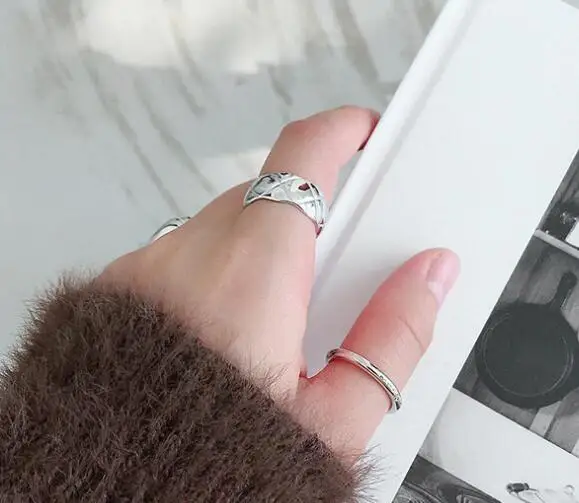 SILVER SHANICE INS, 925 пробы, серебряное, шикарное, в клетку, стильное, Открытое кольцо для женщин, большие, гладкие, широкие кольца для лица, для женщин, в стиле панк, Bijoux Femme - Цвет основного камня: SILVER