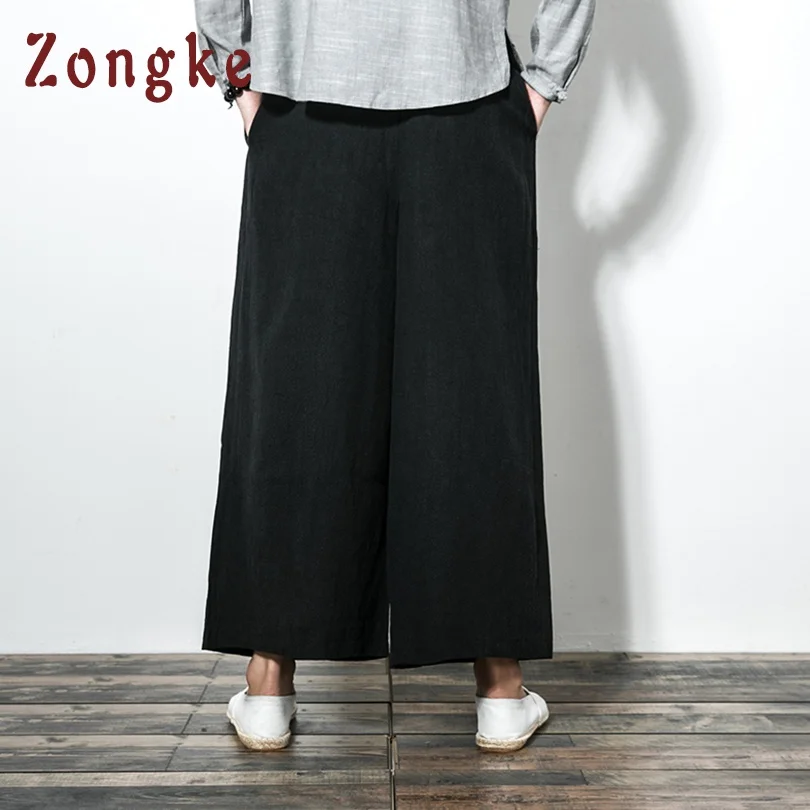 Zongke, китайский стиль, свободные широкие брюки, мужские штаны для бега, Японская уличная одежда, льняные брюки, мужские брюки XXL, Мужские штаны для бега, новинка