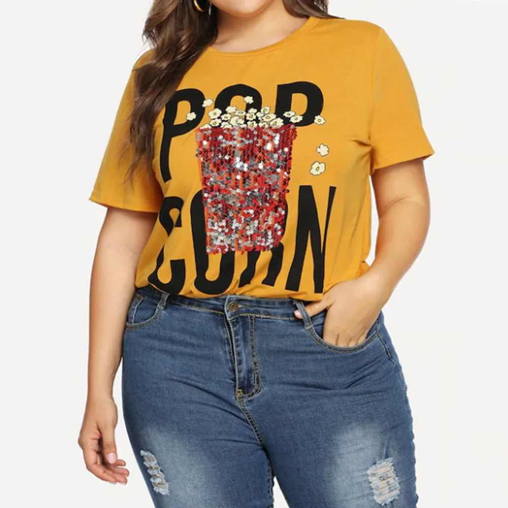 Женская футболка с буквенным принтом уличная коротким рукавом и блестками лето