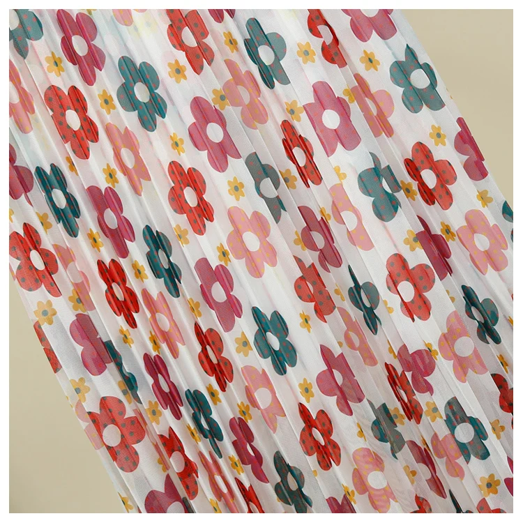 Summer Sweet Flower Print Midi Skirt Women High Waist Pleated Skirt Sunflower Holiday Chiffon Mid-Calf A-Line Skirts