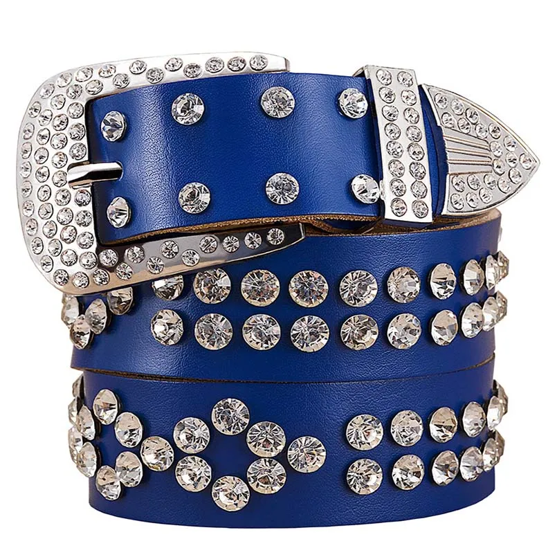 Blue Модные стразы, натуральная кожа, ремни для женщин, роскошная пряжка, женский ремень, качественный, второй слой, коровья кожа, ремень, ширина 3,3 см - Цвет: Blue