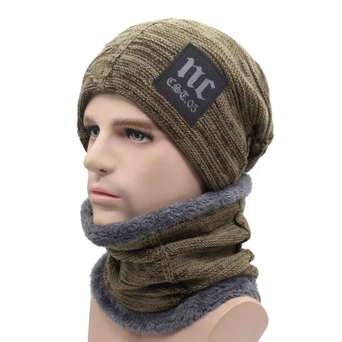 khaki set AETRUE зимняя вязаная шапка шапочки для мужчин женщин шарф Шапки Маска капор Теплые Мешковатые зимние шапки для мужчин зимняя шапки - Цвет: khaki set