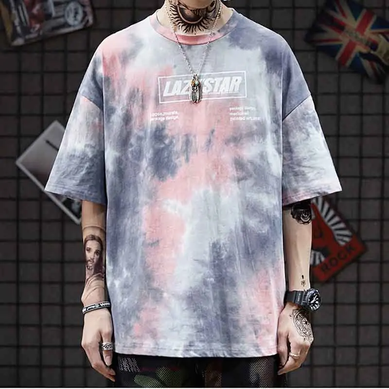Небесно-голубой Tie Dye футболка мужская с принтом винтажная психоделическая Ослепительная футболка большого размера хип хоп Уличная Rap Rock Harajuku Ulzzang мужские футболки - Цвет: Небесно-голубой
