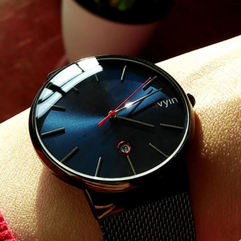 LVYIN Special 2.5D Convex Glass Quartz Watch Men Steel Mesh Watches Calendar Wrist Simple Blue Business Analog LY021 | Наручные часы