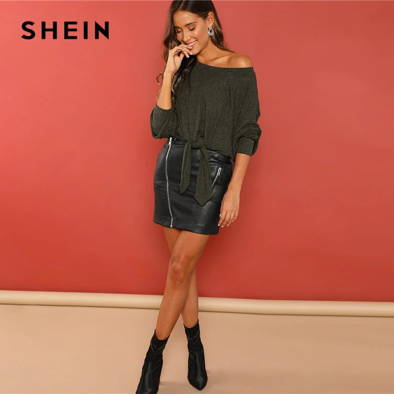 SHEIN Трикотажный Топ С Открытыми Плечами, Топ С Узлом На Талии и Длинным Рукавом