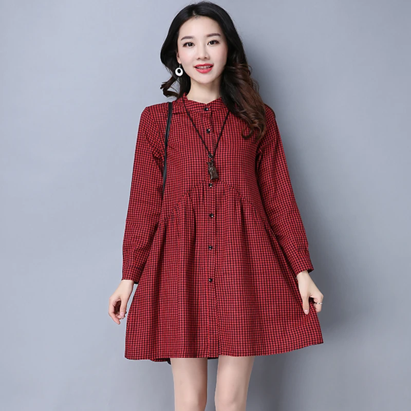 Женское винтажное платье-рубашка в клетку с длинным рукавом хлопковое платье