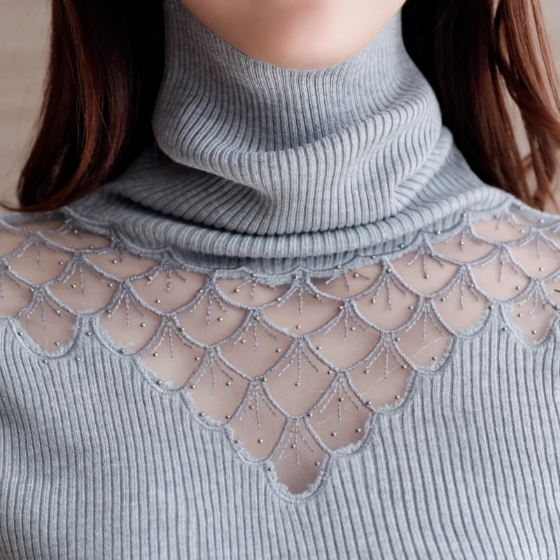 Sweater Women Turtleneck 2020 Autumn Winter New Style Pullover Lace Knitted Shirts Sexy See Through Splice Tops Sweaters Blusas | Женская