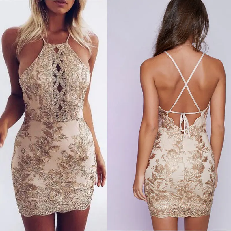 

Women Summer sexy bandage bodycon Casual mini dress fashion Sleeveless off shoulder backless lace hollow out pencil Mini Dress