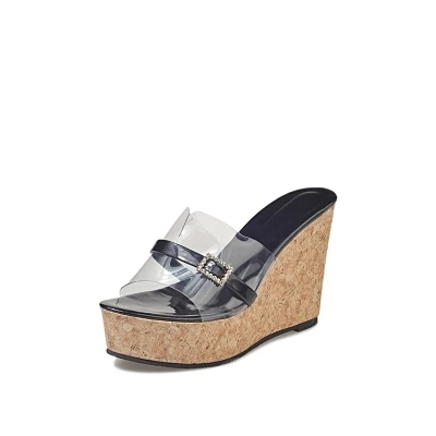 

Women Transparent Clear Crystal Sequins Platform Wedge thick sole sandals high heels Mules Slides Summer beach shoes.