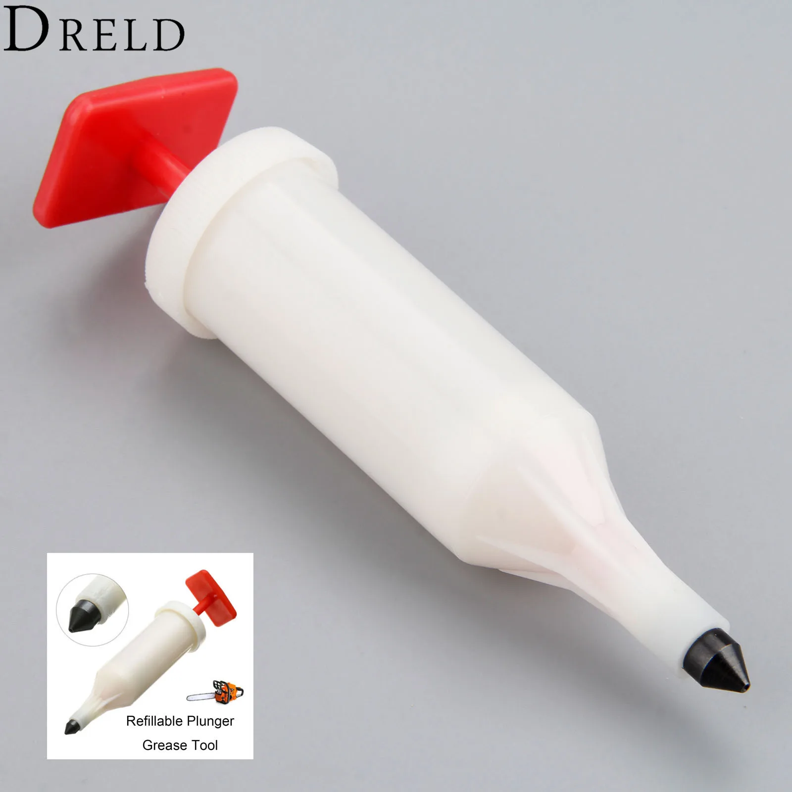 

DRELD 1pc 21ml Chainsaw Grease Gun Extends Bar & Chain Life Refillable Plunger Type 21ml 3/4 oz Plastic Plunger Grease Tool