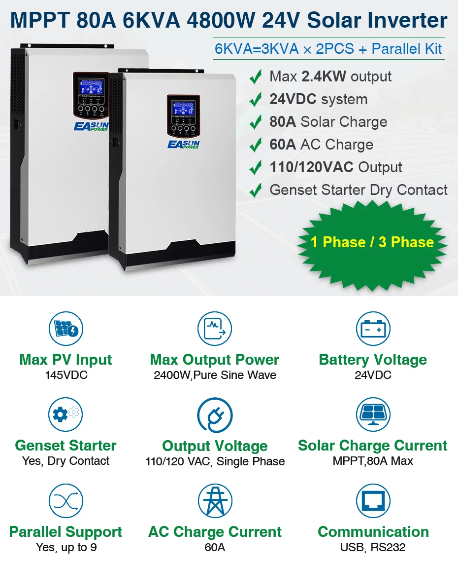Источник питания Easun солнечная гибридная электро Inverter120V 6Kva 4800W решеточный Инвертор 24V 80A со слежением за максимальной точкой мощности по ограничению на использование опасных материалов в производстве электрического и электронного оборудования Синусоидальная волна инвертирующий усилитель 60A AC Зарядное устройство
