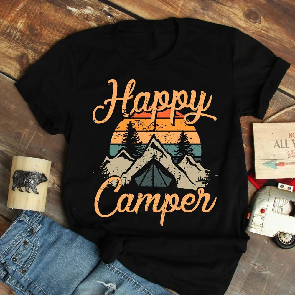 Happy Camper/женские футболки с буквенным принтом в стиле Харадзюку; Модные Повседневные базовые футболки с коротким рукавом и круглым вырезом; свободные футболки унисекс черного цвета