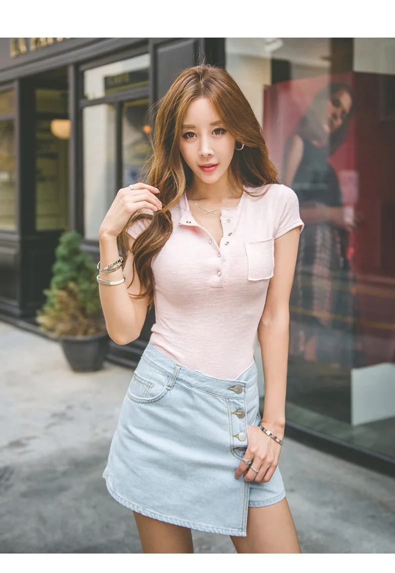 Shintimes Корейская футболка Femme летняя футболка женская сексуальная хлопковая футболка с коротким рукавом на пуговицах Футболка с карманами Повседневная рубашка