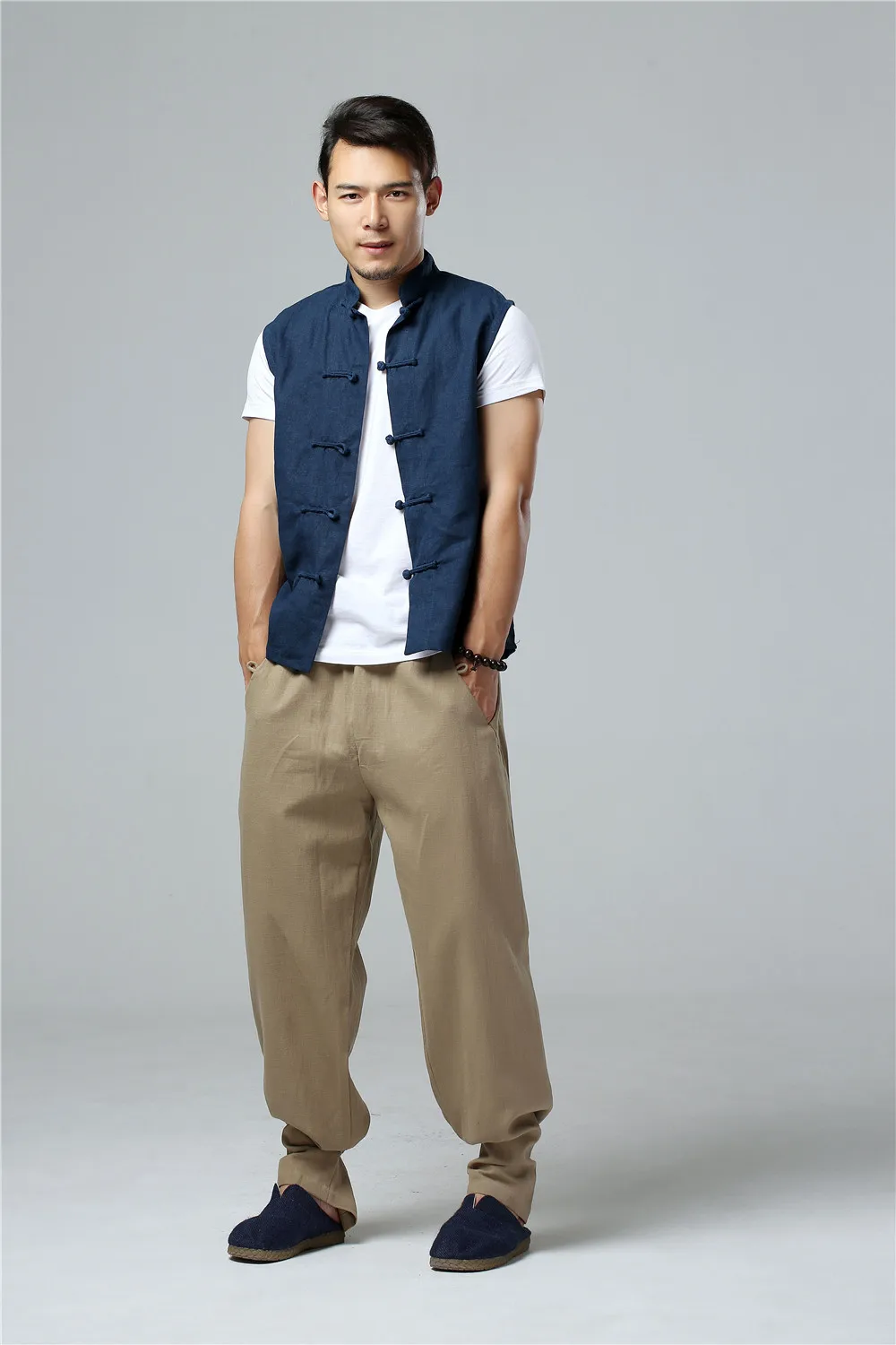 LZJN Men's Summer Waistcoat Chinese Style Vintage Breathable Linen Button Down Kung Fu Shirt Sleeveless Vest Jacket