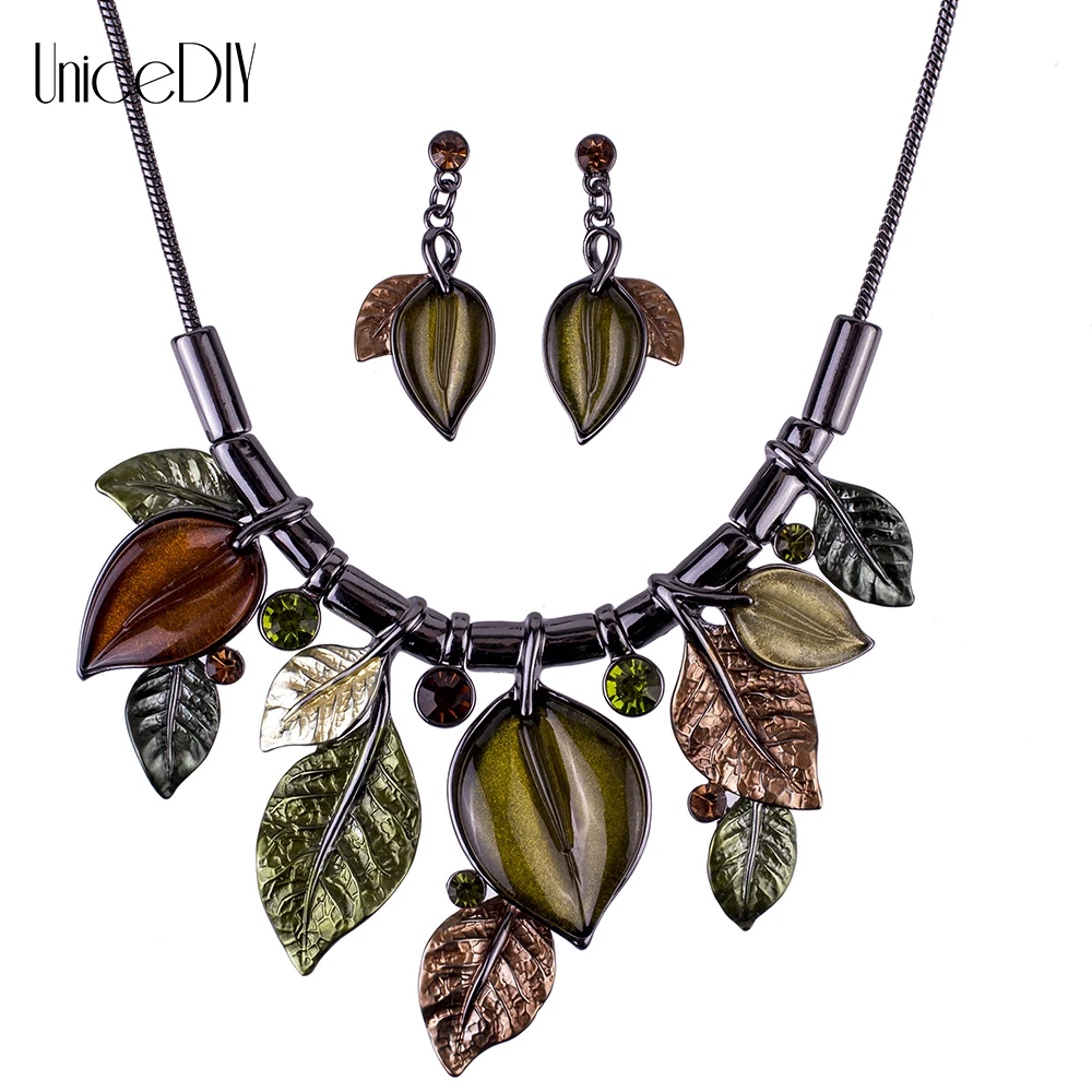 MS1504796 Fashion Jewelry Sets High Quality Necklace For Women Black zinc Plated Crystal Resin Leaf Design Gift |