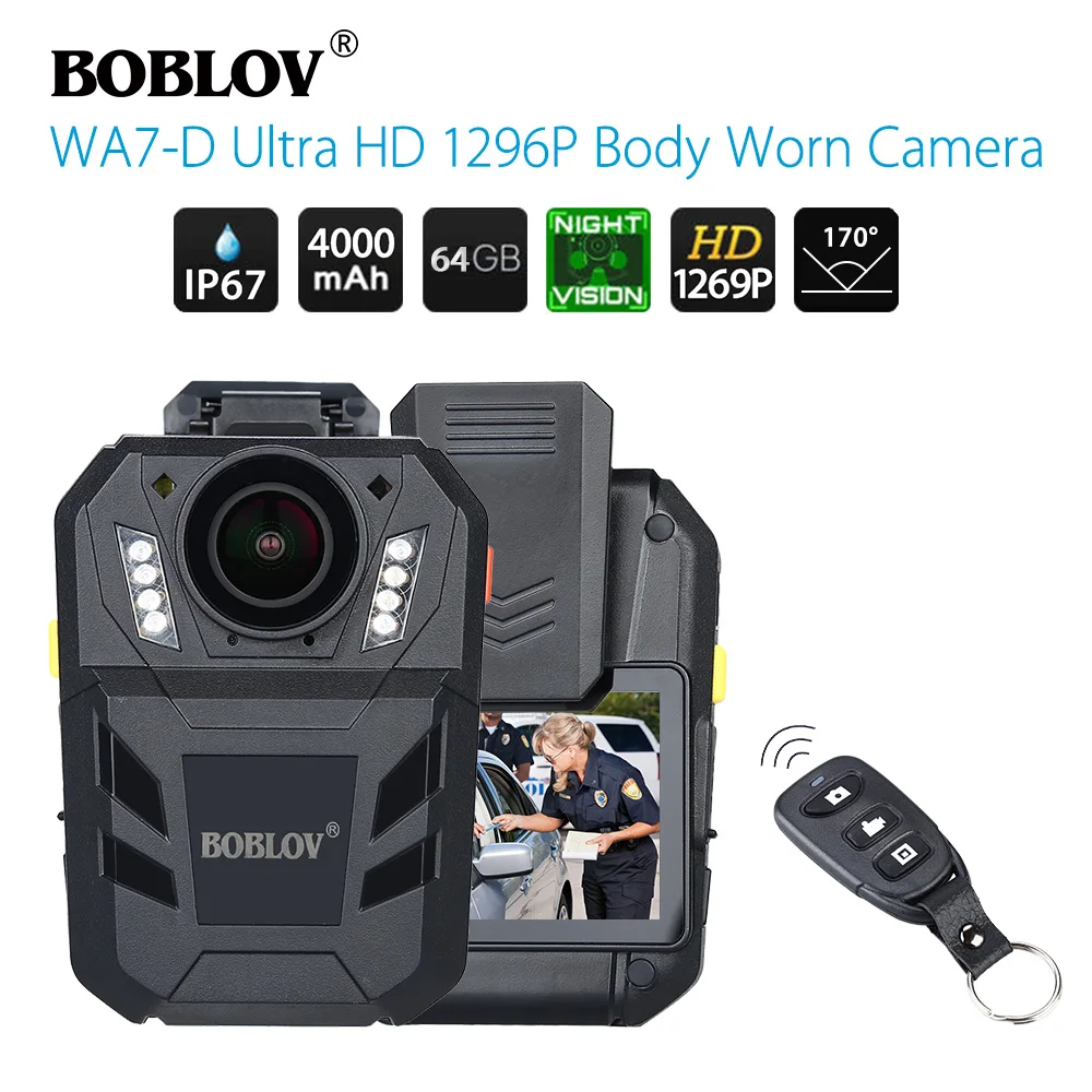 BOBLOV WA7-D Camara Policial Ambarella A7 64 Гб Видео Регистраторы тела Камера HD 1296 P Пульт
