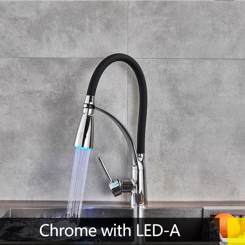 chrome led A Suguword, кухонные смесители с резиновым дизайном, хромированный смеситель для кухни, кран с одной ручкой, выдвижной кран на бортике для раковины - Цвет: chrome led A