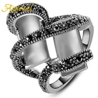 ajojewel vintage style white opal band ring with black marcasite rhinestone rings for women retro finger jewelry bijoux