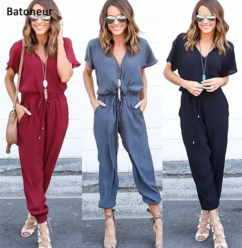 Летние комбинезоны 2017 цельные брюки с отворотом элегантные голубые длинные