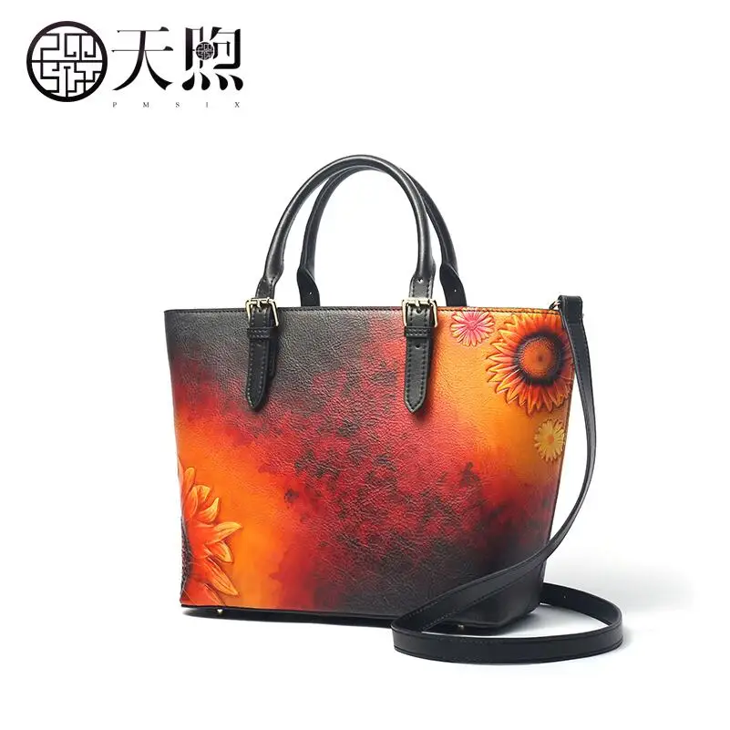 Pmsix high quality fashion luxury brand first layer cowhide handbag 2019 new national wind leather large capacity | Багаж и сумки