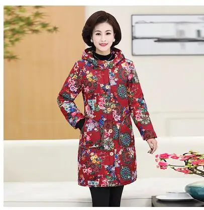 Red floral Куртка из хлопка с принтом для женщин среднего возраста, теплая, свободная, плюс Вельветовая, толстая, длинная, пальто, большой размер, Повседневная Женская куртка с капюшоном, 6XL - Цвет: Red floral