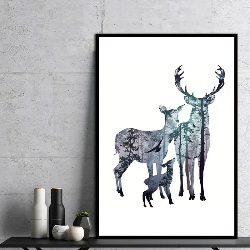 Настенная картина для украшения дома силуэт семьи оленей с сосновой лесной холст