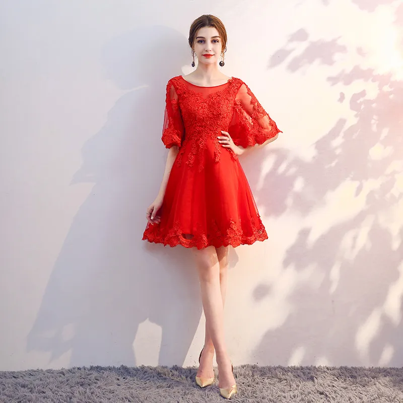 Red Robe de soiree, черные кружевные модные короткие вечерние платья с открытой спиной, пышные рукава, vestido de festa, платья для выпускного вечера, Платья для вечеринок - Цвет: Red