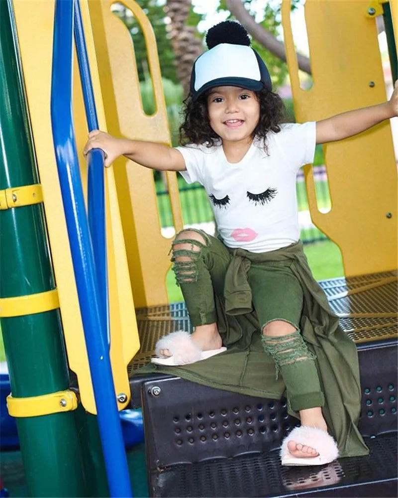 Newborn Baby Girls Fashion Clothes Sets Eyelashes Tops T-shirt Army Green Destroyed Pants Outfits | Детская одежда и обувь