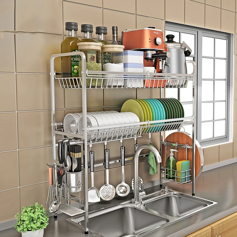 Новый двухслойный кухонный стеллаж для посуды 304 нержавеющая сталь сушилка
