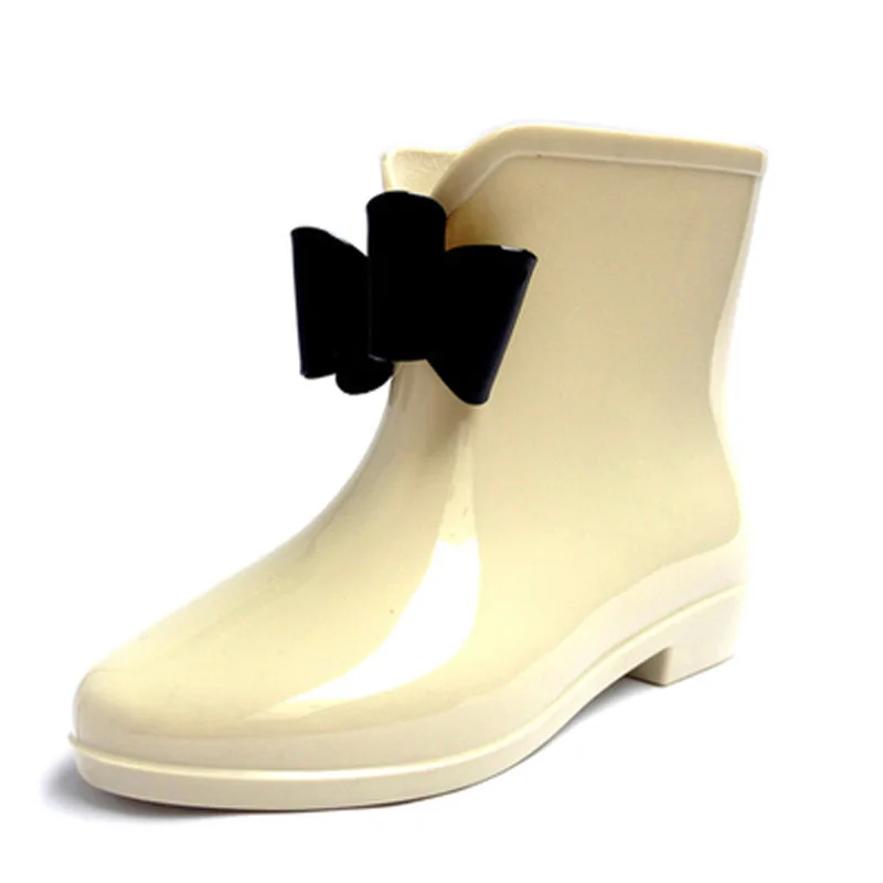 Женские резиновые сапоги с бантом на плоской подошве цветочным принтом для