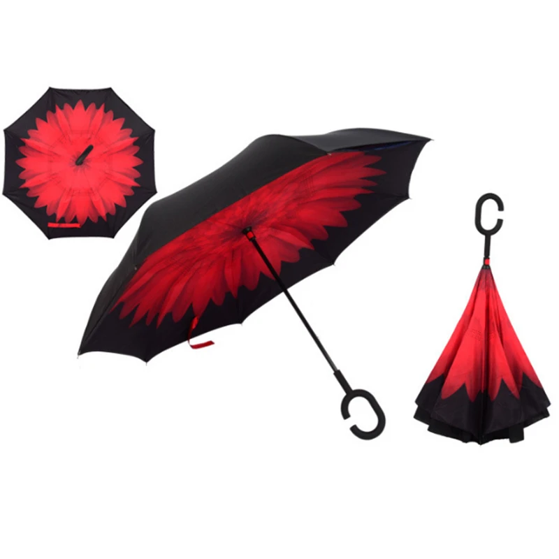 Red Daisy Реверсивные Зонты для двухслойного зонта, тканевые перевернутые зонты с ручкой, ветрозащитный зонтик с длинной ручкой, дождевик - Цвет: Red Daisy