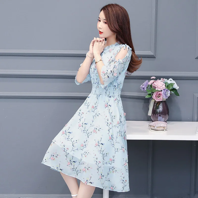 Летнее женское шифоновое платье с гофрированным воротником Повседневное