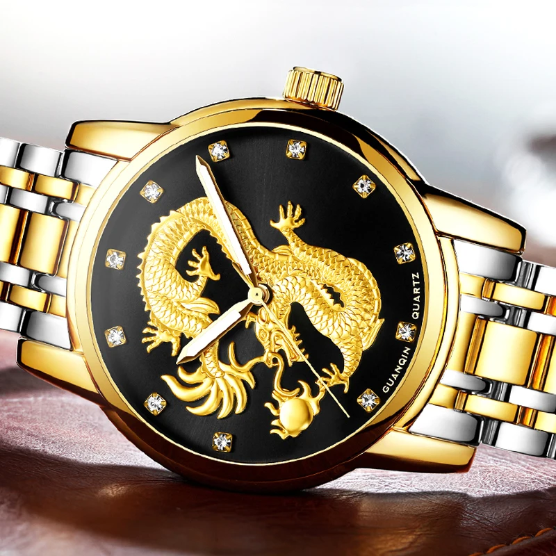 

relogio masculino GUANQIN Mens Watches Top Brand Luxury Luminous Clock Gold Dragon Sculpture Stainless Steel Quartz Wrist Watch