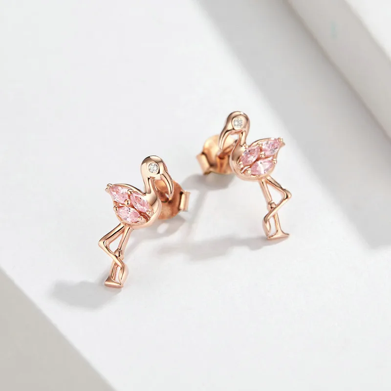 BISAER Flamingos Earrings 925 Sterling Silver Tropical Stud for Women Pink Zircon Jewelry EFE120 | Украшения и аксессуары