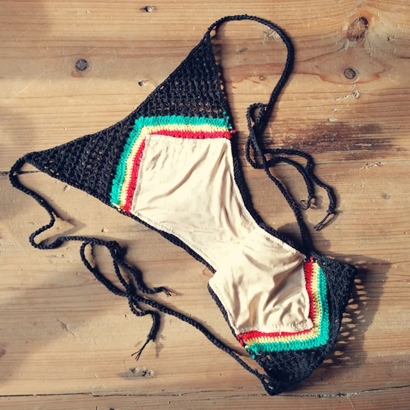 Классический ручной работы крючком раста цветной бикини набор-бразильский стиль женщин купальники-пляж пуш-ап купальники набор-хлопок