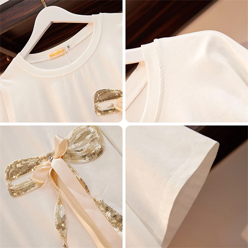 

Medium Long Extra Large Size T-Shirt Female 2019 Summer Fashion New Round Neck Five-Point Sleeve Bow Loose T-Shirt H0089