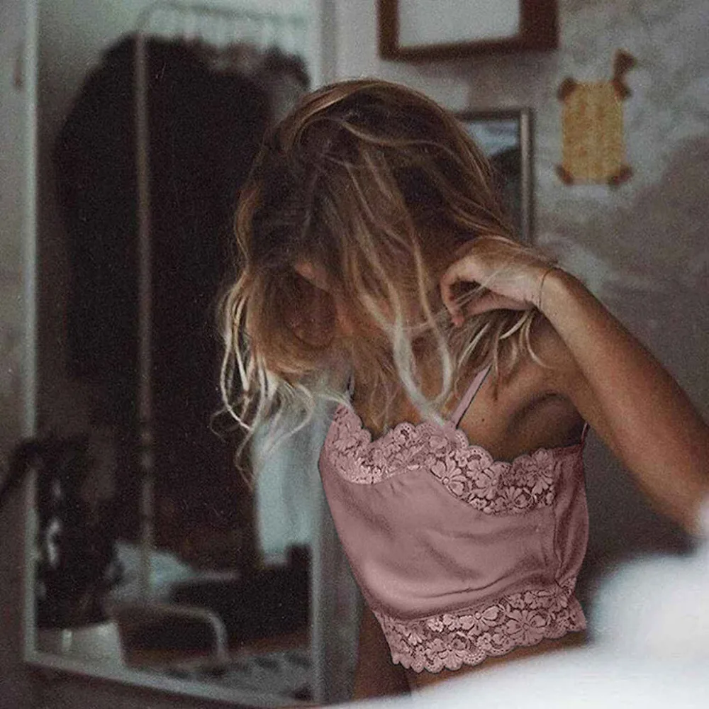 Сексуальная Женская камисоль с кружевной отделкой двойной v-образный вырез