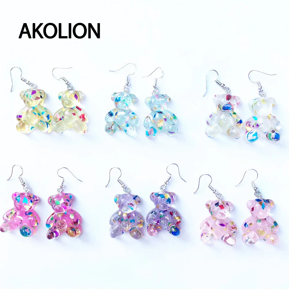 Творческие Hadmade блестящие прозрачные красочные Медведи Висячие серьги для
