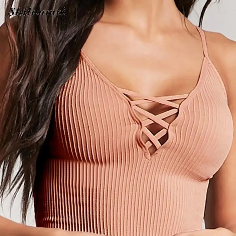 Для женщин Crop Top Sexy Узелок Фитнес Жилет бретели Глубокий V спагетти ремень женский