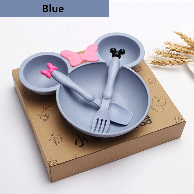 Blue 3 шт./компл. Детские пшеничная посуда с Микки-Маусом для кормления, столовая ложка, вилка, комплекты одежды для малышей, фруктовый десерт блюдо еда тарелка посуда набор - Цвет: Blue