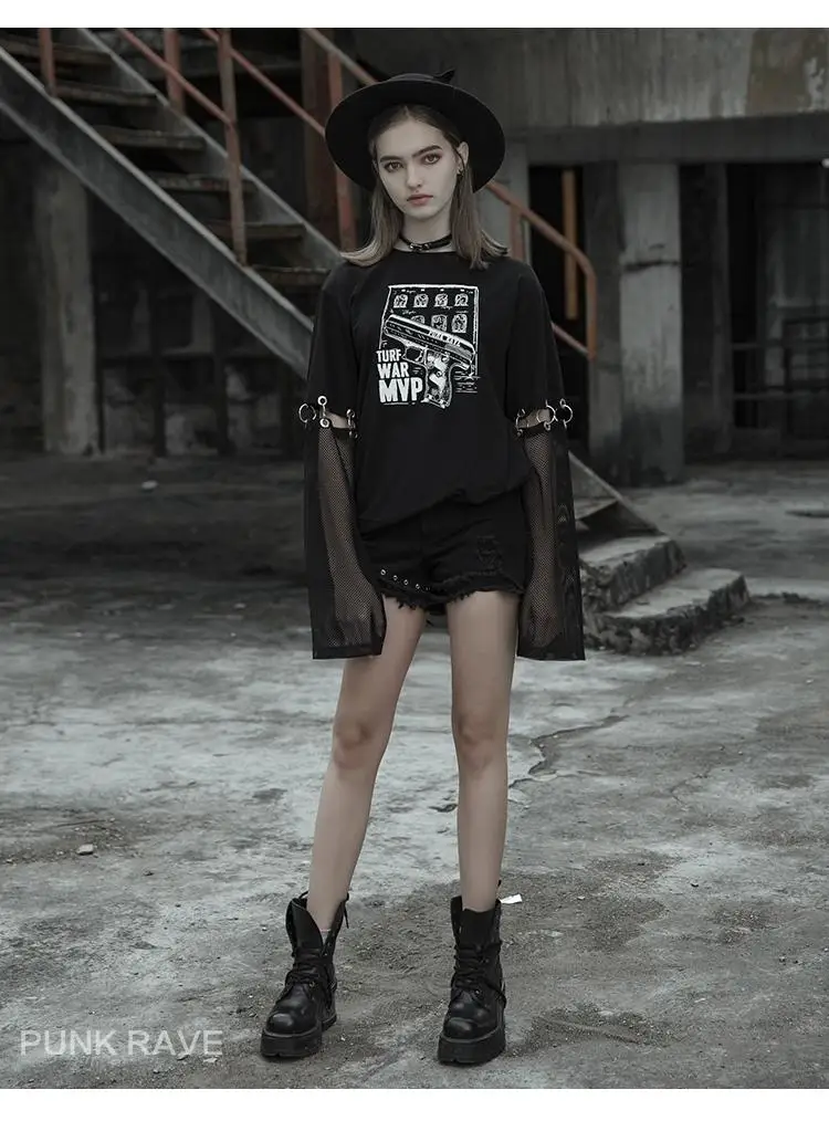 Женская футболка с принтом Goth черная свободная отсоединяемыми рукавами