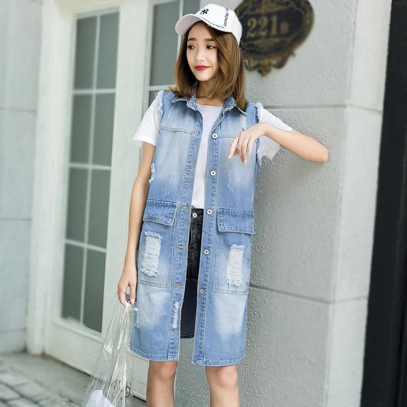 Новинка 2019 женские джинсовые жилеты Длинные хлопковые однобортные высокое