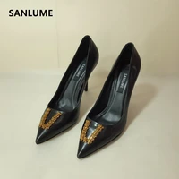 sanlume women sexy genuine leather high heels basic model pumps lady pointed toe crystal wedding shoes inside sheepskin