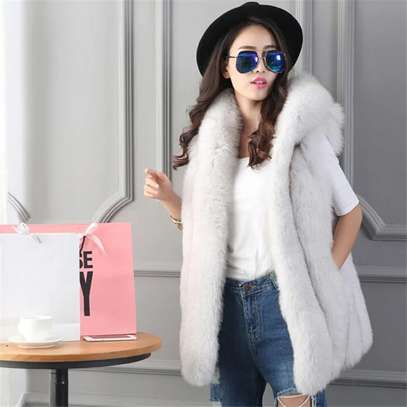 Новинка 2017 зимний женский серый жилет с капюшоном из искусственного лисьего меха