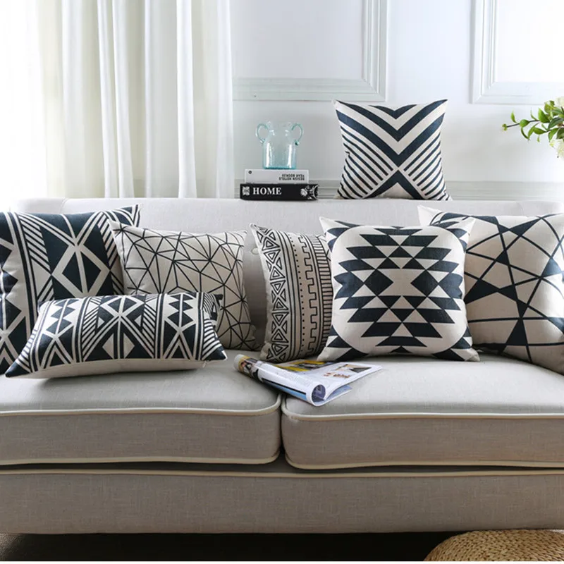 

Nordic Style Black Geometric Decorative Cotton Linen Cushion Cover Black Grid Print Sofa Throw Pillow Case Almofadas Cojines
