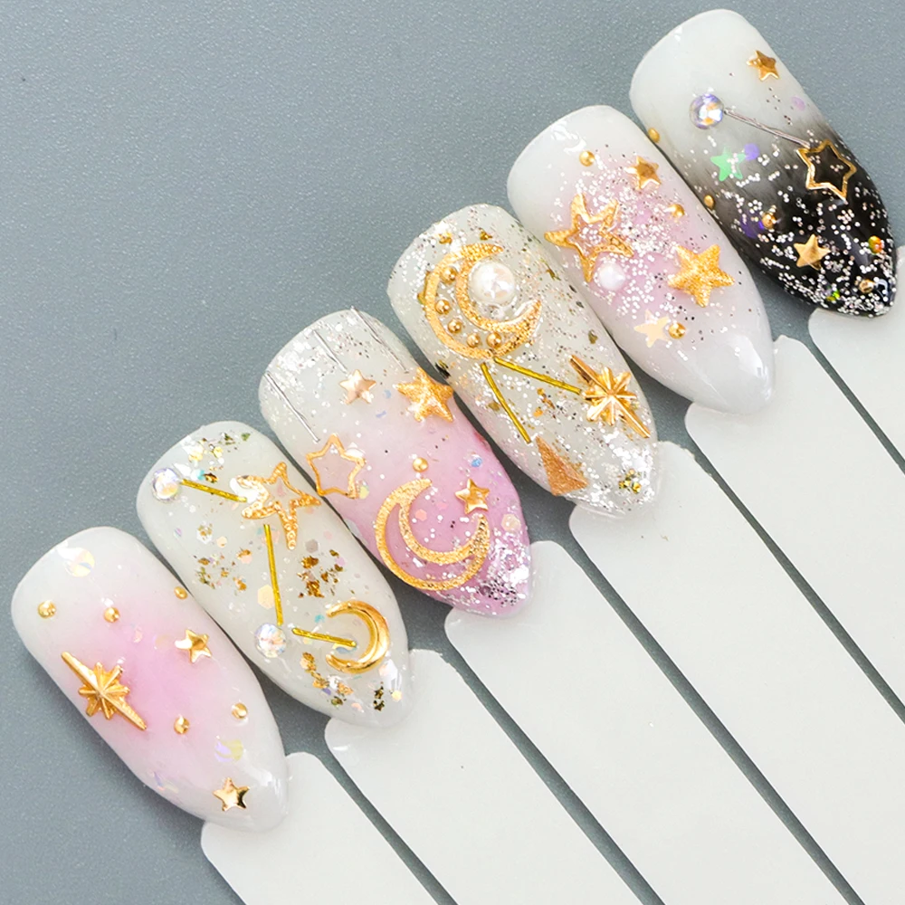 1 box Multi 3D Gold Silver Design Nail Decorations Mixed Star Moon Metal Slice Rivet Tips for Manicure Charms Rhinestone TR682 | Красота и